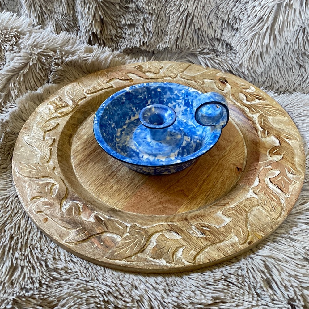 HAND PAINTED STANGL BLUE TOWN & COUNTRY SPONGEWARE CANDLE HOLDER EUC